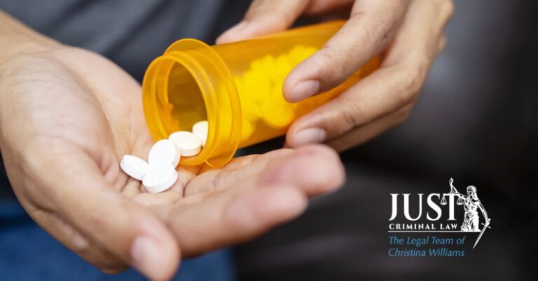 Close-up of hands pouring white pills from an orange prescription bottle, with "Just Criminal Law" logo and "The Legal Team of Christina Williams" text.