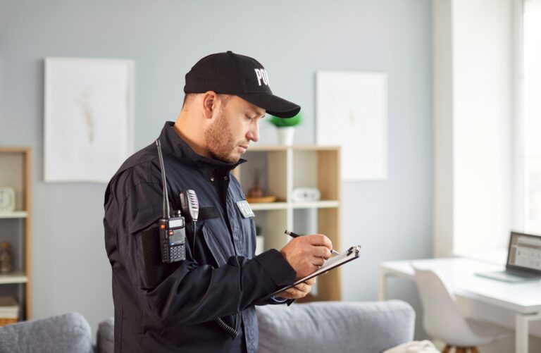 Police officer in black uniform writing on clipboard in modern living room.
