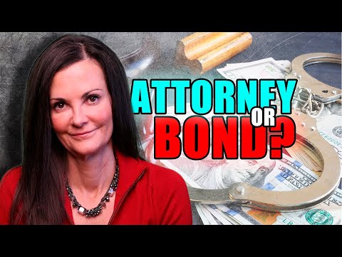 Woman in red blazer with handcuffs, money, and text "Attorney or Bond?" in bold letters.