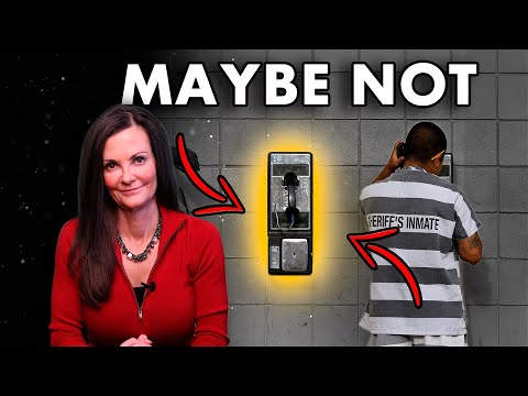 Woman in red blouse, jail inmate in striped uniform, and highlighted prison phone on gray wall.