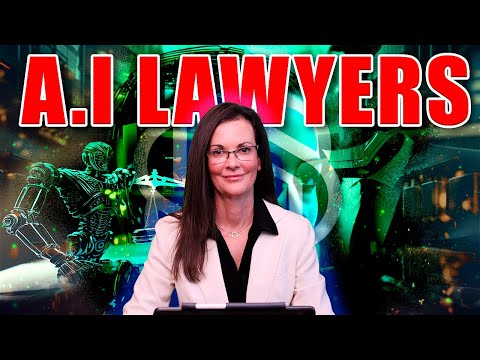 Professional woman in white blazer with robotic figure and large red text "A.I LAWYERS" in background.