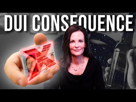 Woman in black with DUI Consequence text, hand holding driver’s license with red X, and hand holding bottle.