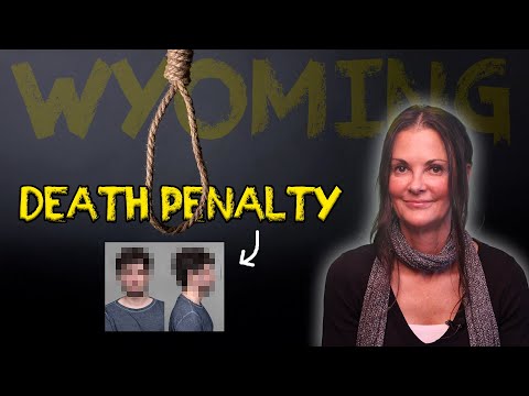 Image showing the word "WYOMING" in large yellow letters, a noose hanging in front, the text "DEATH PENALTY" in bold yellow, a pixelated mugshot of a person, and a woman with a scarf smiling on the right.