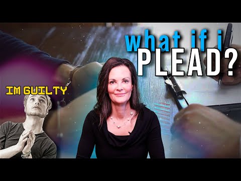 Thumbnail image featuring a woman smiling in the center, a man with hands clasped on the left labeled "I'M GUILTY," and the text "what if i PLEAD?" on the right over a background of a hand signing a document.