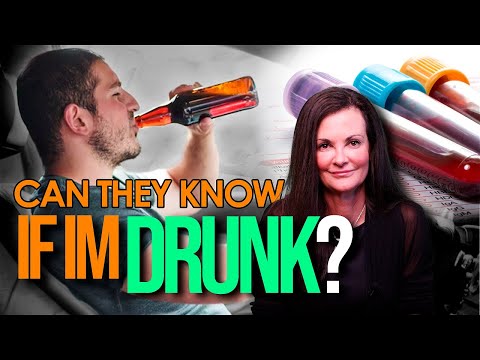 Man drinking from a bottle, woman smiling, blood test tubes, text "Can they know if I'm drunk?