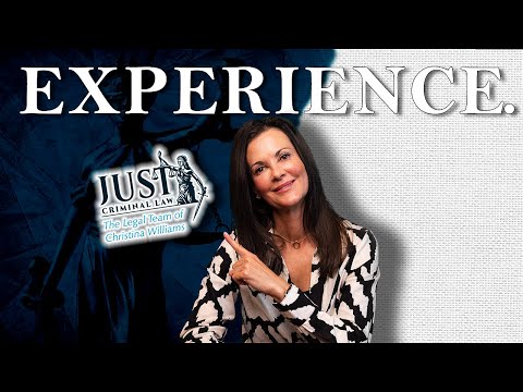 Professional woman pointing to Just Criminal Law logo with large text "EXPERIENCE" on dark blue and white background.