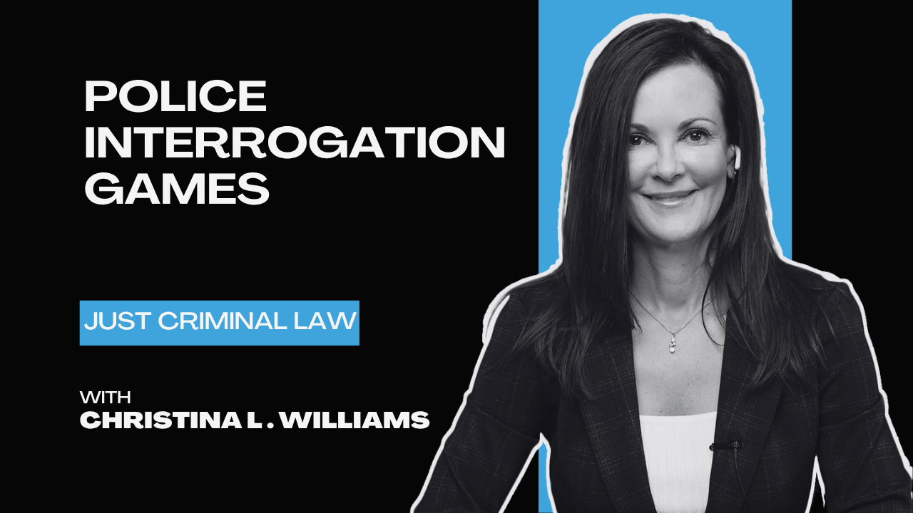 Black and blue graphic with white text "Police Interrogation Games" and portrait of a smiling woman in professional attire.
