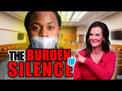 Man with duct tape over mouth and woman in red pointing, courtroom background, text "The Burden of Silence