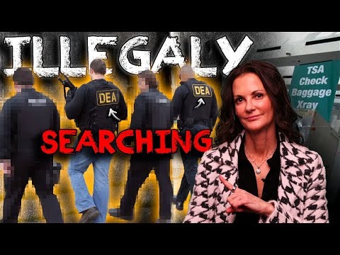 Image showing DEA agents with blurred faces escorting a man, woman pointing, and TSA baggage screening sign.