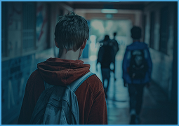 Rear view of a student wearing a backpack walking in a dimly lit school hallway.
