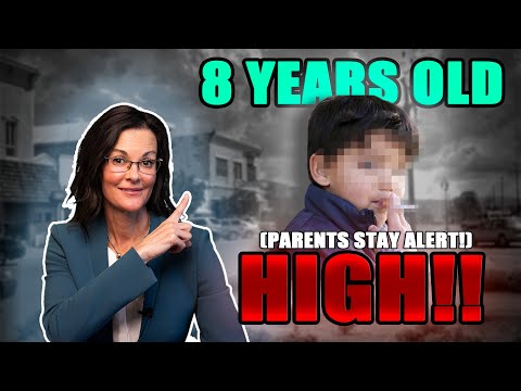 Woman in business attire pointing upwards next to blurred child with text "8 YEARS OLD" and "HIGH!! (PARENTS STAY ALERT!)" in bold letters.