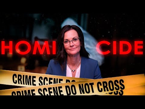 Woman with glasses in blue blazer behind yellow crime scene tape with red "HOMICIDE" text.