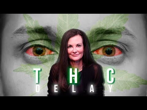 A woman with long dark hair is centered in front of large green cannabis leaves and close-up eyes with red irises, with the text "THC DELAY" below.