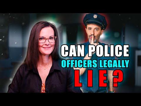Image showing a woman with glasses smiling and a police officer in uniform making a shushing gesture, with text "CAN POLICE OFFICERS LEGALLY LIE?" in bold letters.