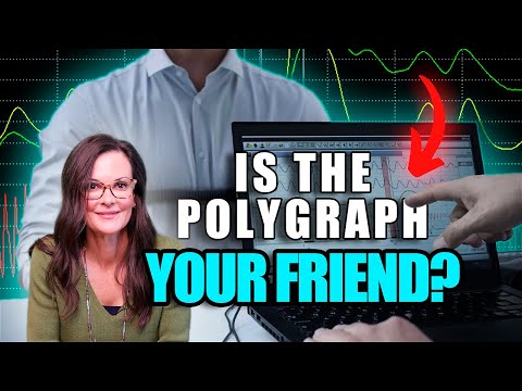 Alt text: Woman with glasses smiling, person in white shirt behind laptop displaying polygraph results, text "Is the polygraph your friend?" with red arrow.