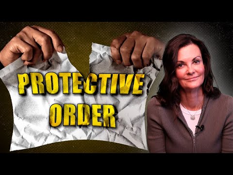 Woman in brown sweater beside hands tearing paper with yellow text "Protective Order