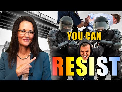 Professional woman in glasses pointing at text "YOU CAN RESIST" with police officers detaining a man in riot gear.