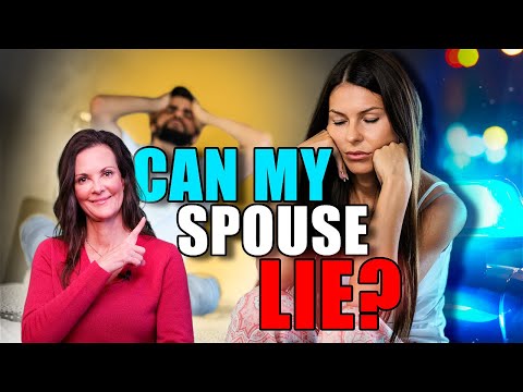 Woman in red pointing upward, distressed couple in background, text "Can my spouse lie?