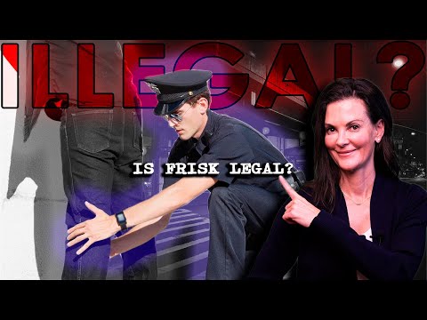 Image showing a police officer frisking a person’s leg with the text "IS FRISK LEGAL?" and a woman pointing at the text.