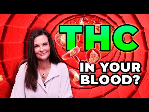 Woman smiling with a red blood vessel background and text "THC in your blood?