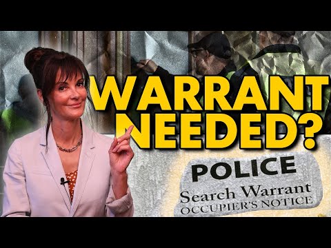 Woman in a light blazer pointing upward with yellow text "WARRANT NEEDED?" and a police search warrant document in the background.