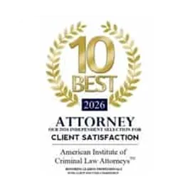 Gold laurel wreath encircling "10 Best 2026" with text about attorney client satisfaction.