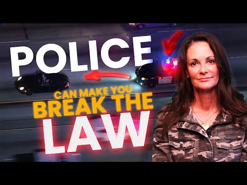 Woman in camouflage jacket with police cars and text "Police can make you break the law" in background.