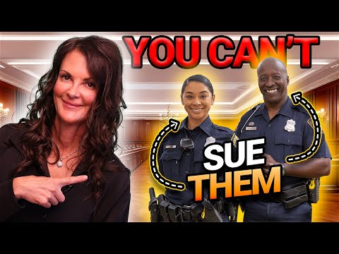 A woman pointing left toward two smiling police officers in uniform with the text "YOU CAN'T SUE THEM" in bold letters.