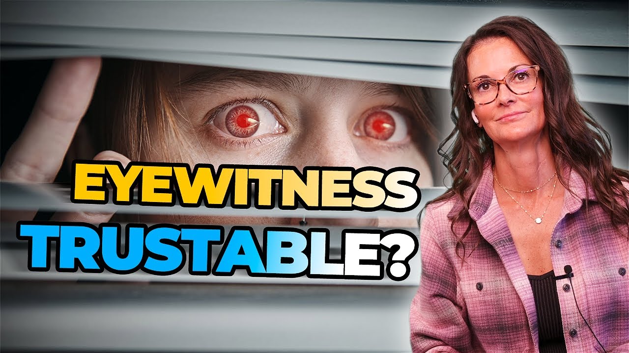 Woman with glasses and long hair in purple plaid shirt beside large text "EYEWITNESS TRUSTABLE?" and close-up of eyes with red pupils peering through blinds.