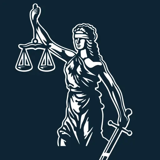 Stylized monochrome illustration of Lady Justice blindfolded holding scales and sword.