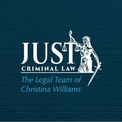 Logo on dark blue brick background with white text "JUST Criminal Law" and blue text "The Legal Team of Christina Williams," featuring a white Lady Justice holding scales and sword.