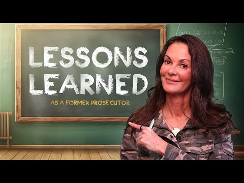 Woman pointing to chalkboard with text "Lessons Learned as a Former Prosecutor" in classroom setting.