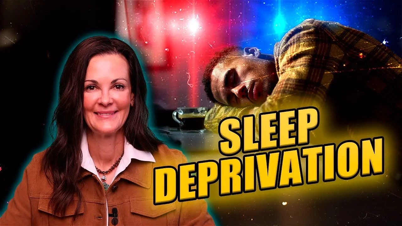 Image of a smiling woman in a brown jacket beside a man sleeping on a table with red and blue lights, with the text "SLEEP DEPRIVATION" in bold yellow letters.