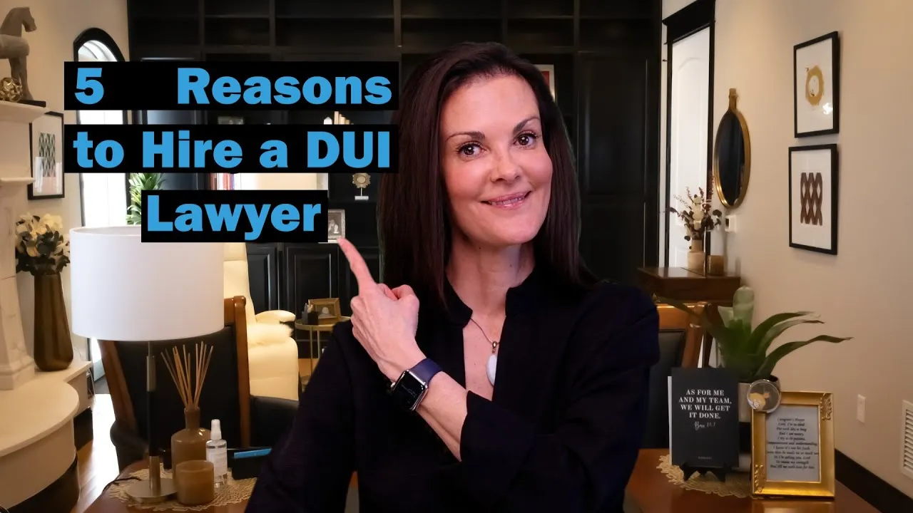 Woman in black shirt pointing to text "5 Reasons to Hire a DUI Lawyer" in a modern office setting.