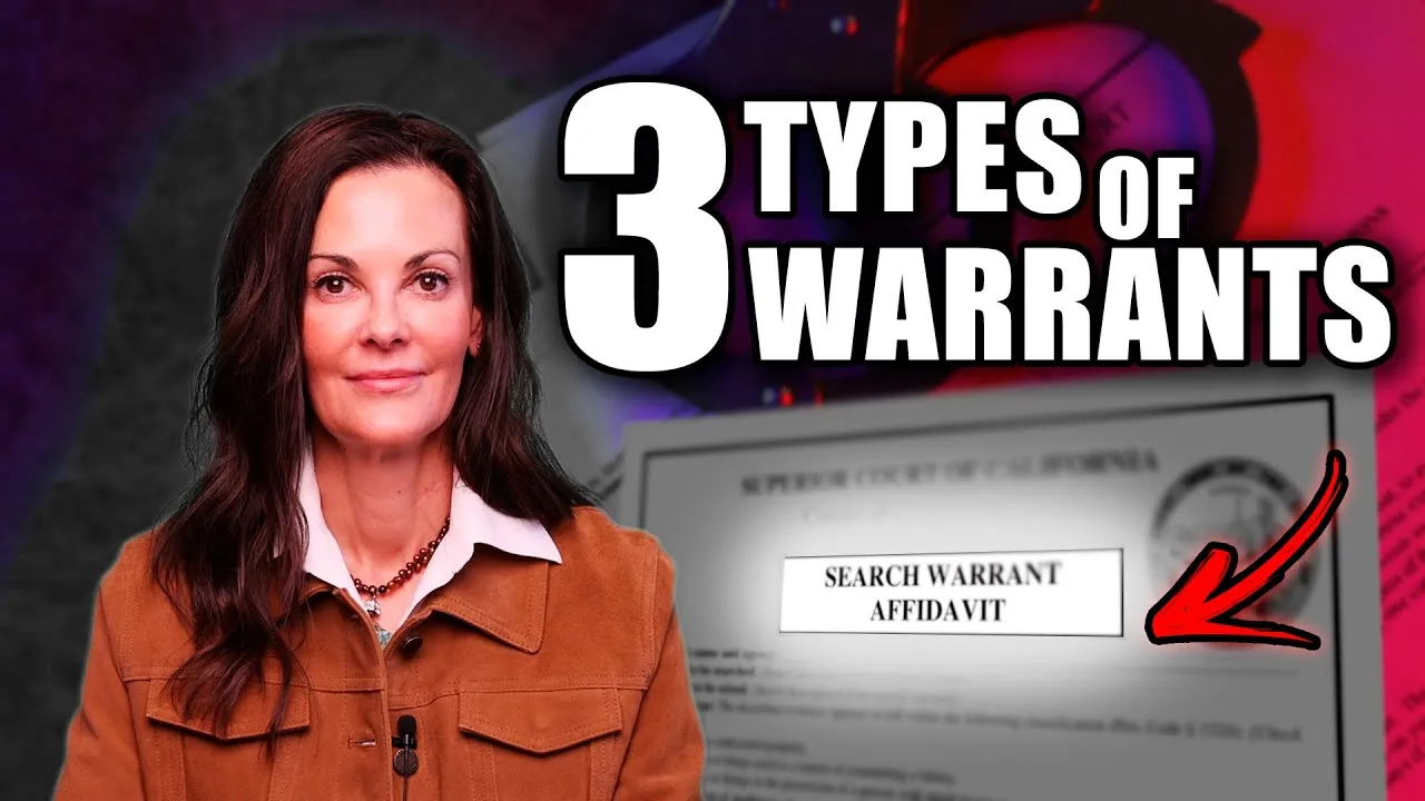 Professional woman with brown hair and jacket next to text "3 Types of Warrants" and a search warrant affidavit.