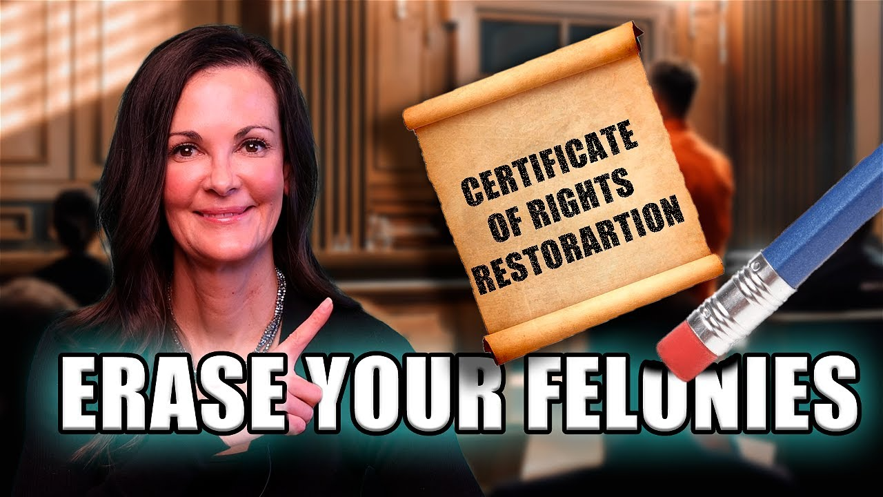 Smiling woman pointing to a certificate labeled "Certificate of Rights Restoration" with text "Erase Your Felonies" and an eraser.