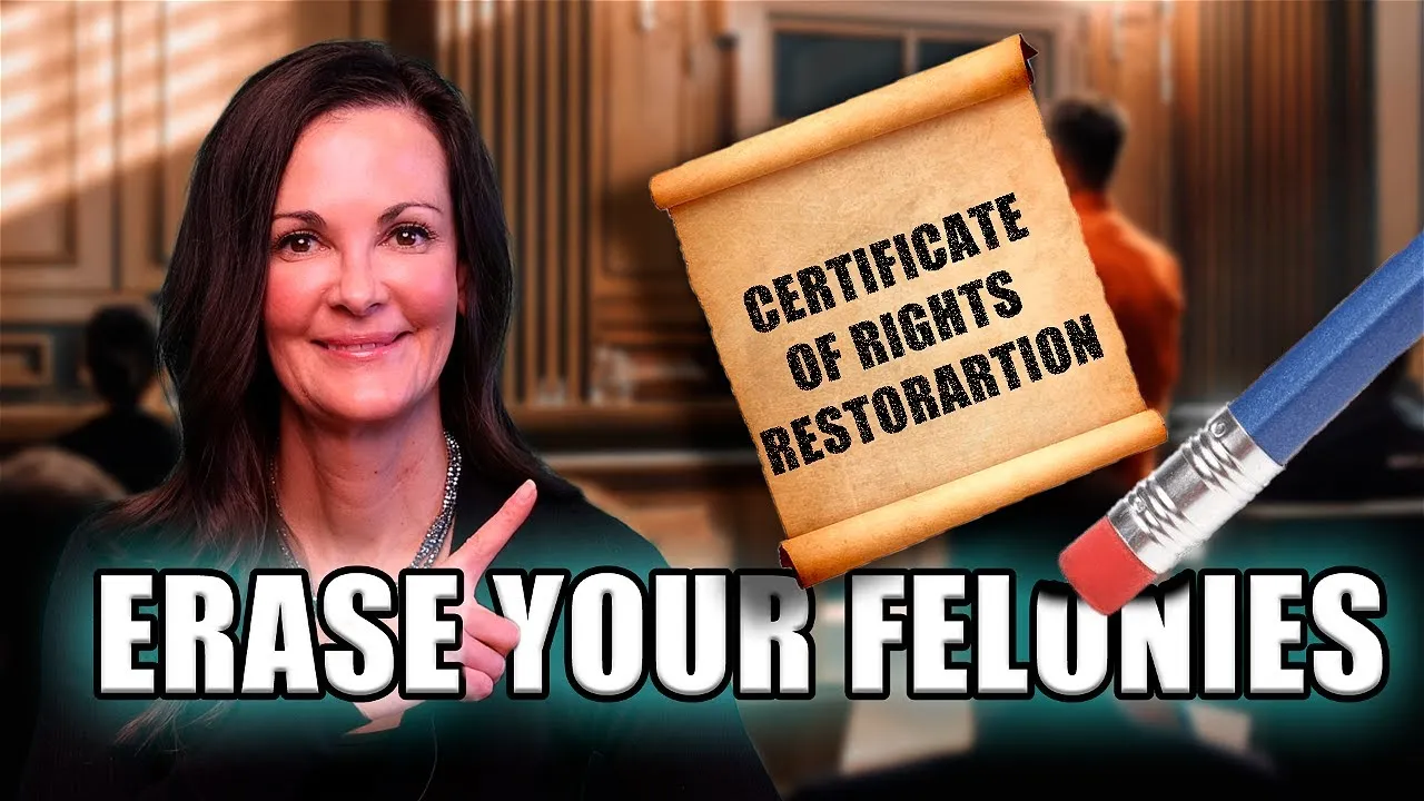 Smiling woman pointing to scroll labeled "Certificate of Rights Restoration" with large text "Erase Your Felonies" and pencil eraser.