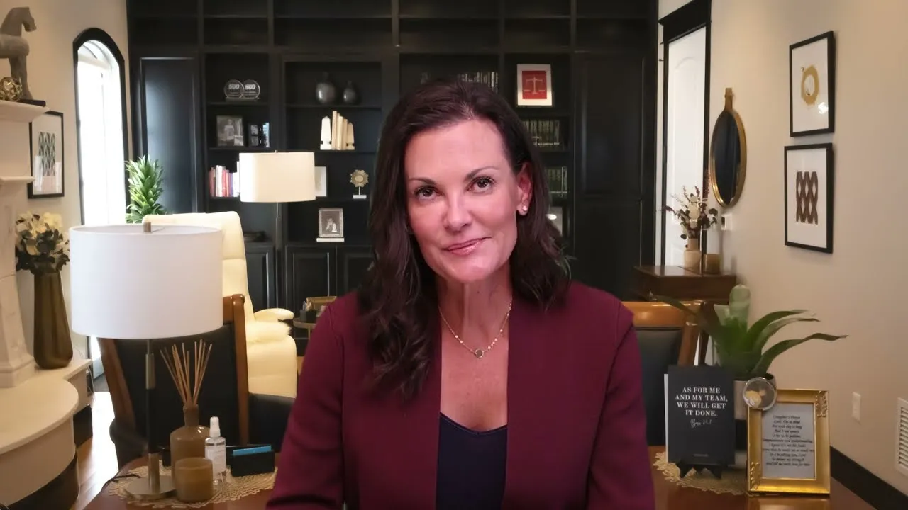 Professional woman with dark hair in burgundy blazer seated in an elegant office with bookshelves and decorative items.