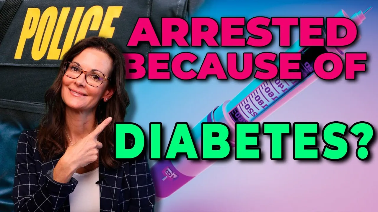 Woman smiling and pointing at bold text "Arrested Because of Diabetes?" with police vest and insulin syringe background.