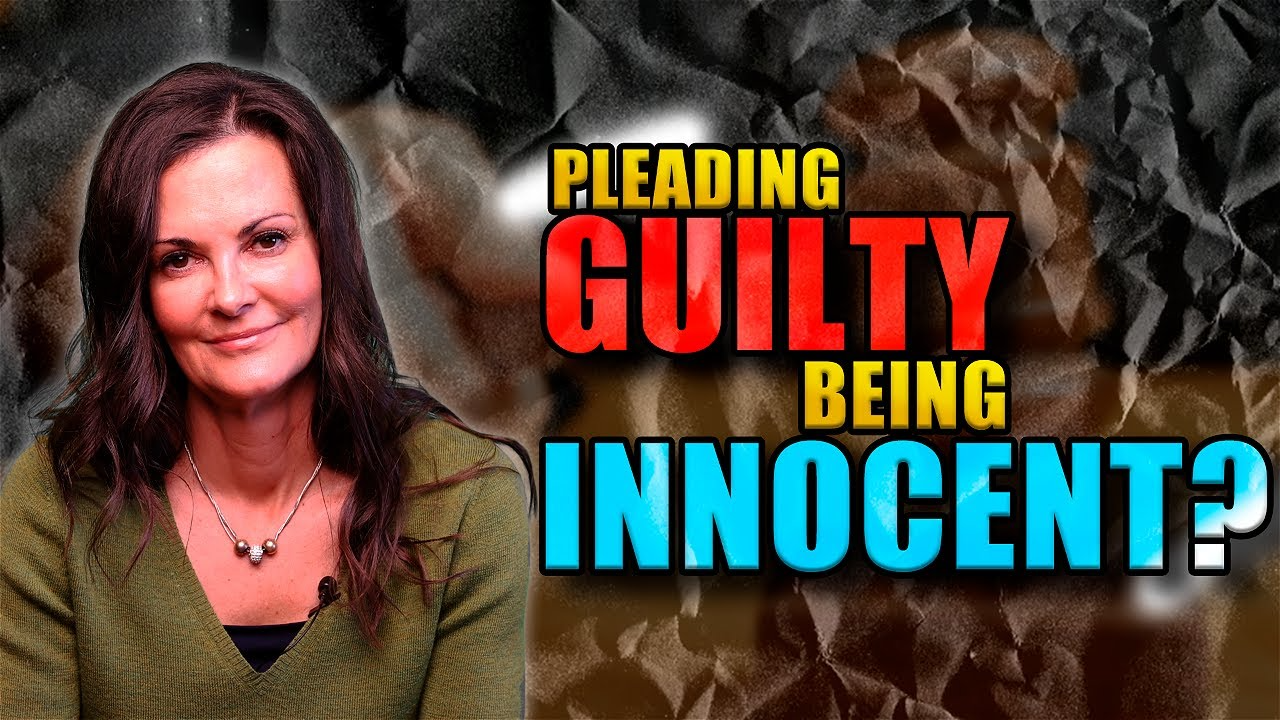 Middle-aged woman with dark hair and green sweater beside bold text "Pleading Guilty Being Innocent?" on crumpled black and brown background.
