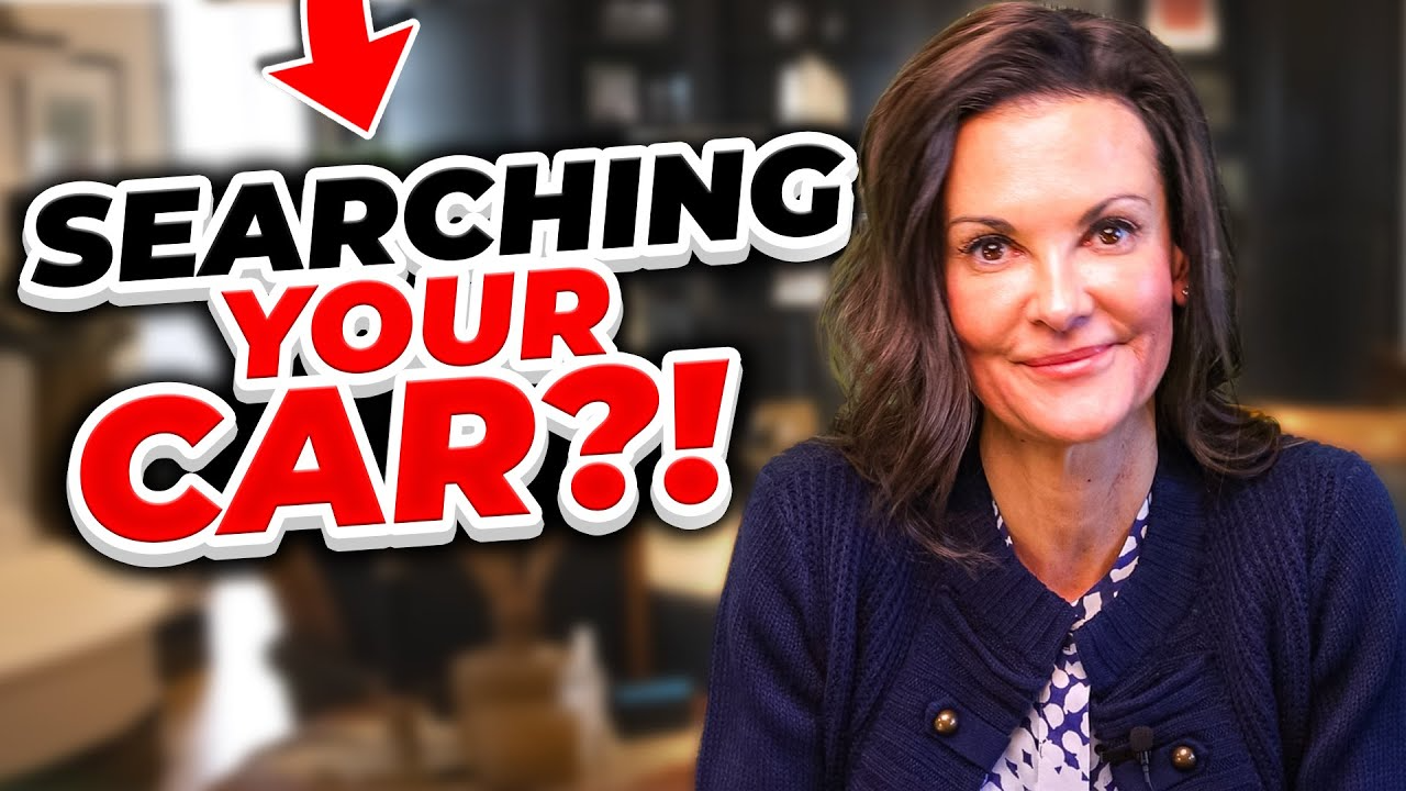 Professional woman with brown hair wearing a navy sweater, beside bold text reading "SEARCHING YOUR CAR?!" with a red arrow above.