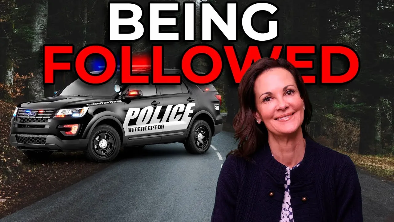 Image of a police interceptor vehicle with flashing lights on a forest road, accompanied by a smiling woman and bold text stating "BEING FOLLOWED.