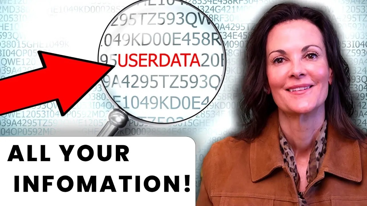 Smiling woman in brown jacket, magnifying glass highlighting red text "USERDATA," large red arrow pointing at text, background with alphanumeric code.