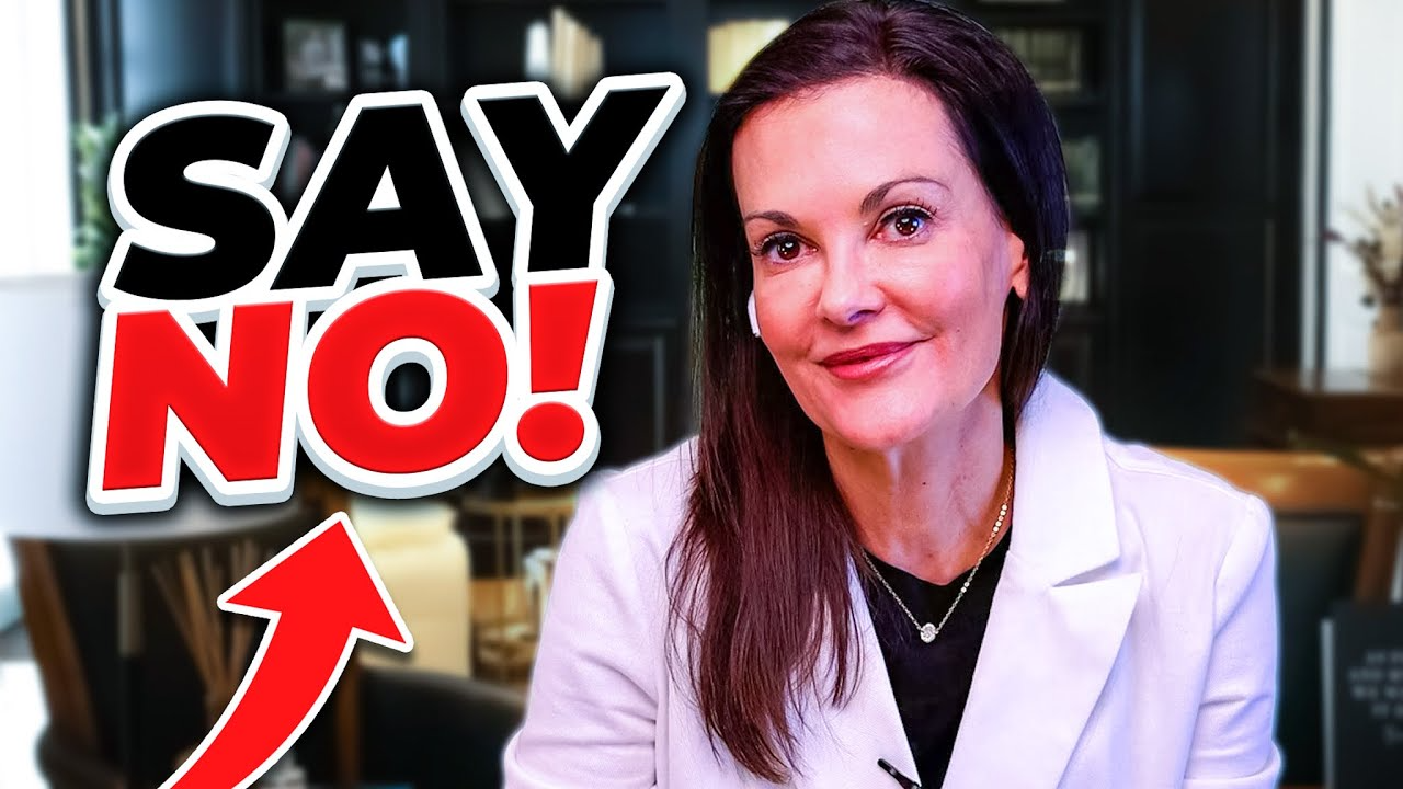 Professional woman with dark hair wearing a white blazer, "SAY NO!" text in bold black and red letters.