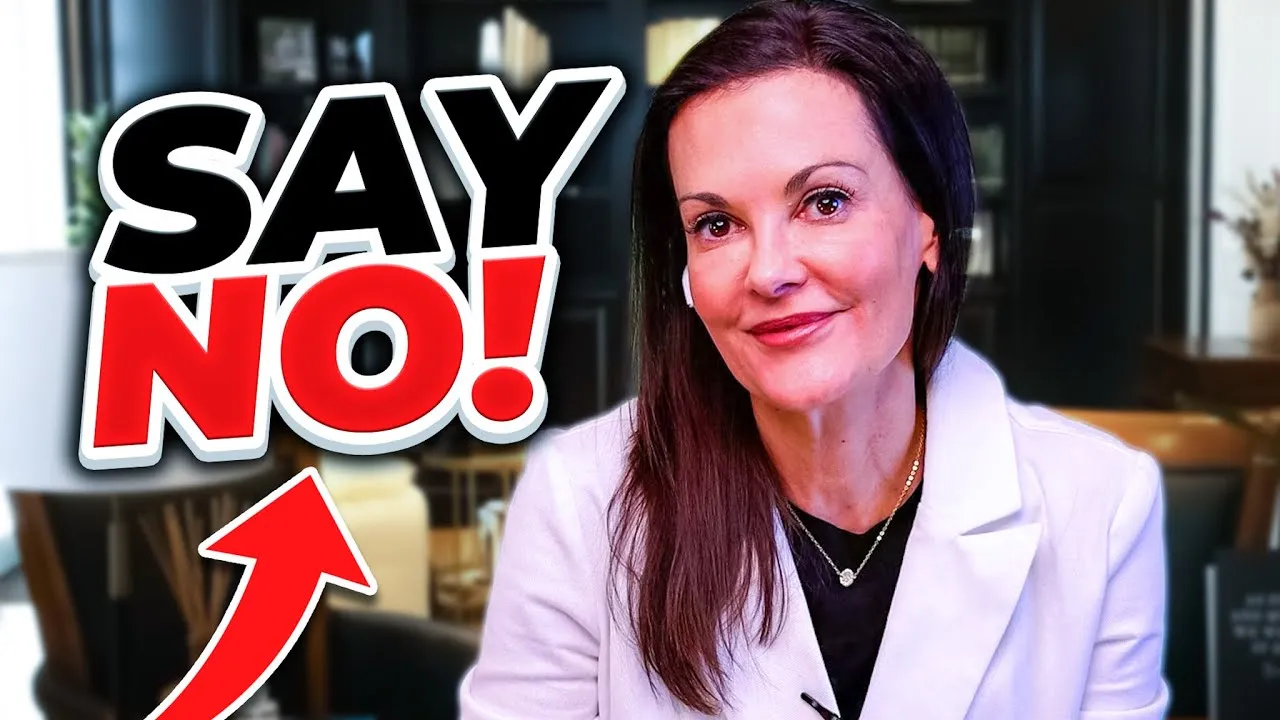 Professional woman in white blazer with text "SAY NO!" and red arrow pointing upward.