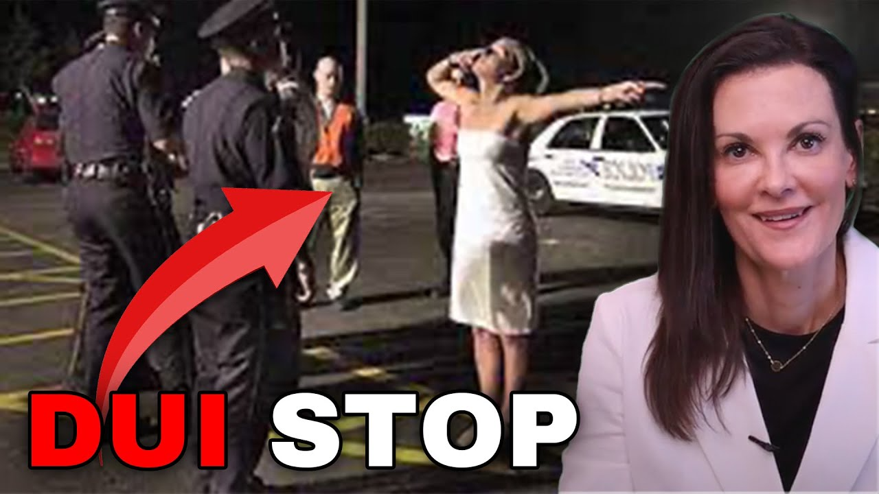 Police officers conducting a DUI sobriety test on a woman in a white dress at night.