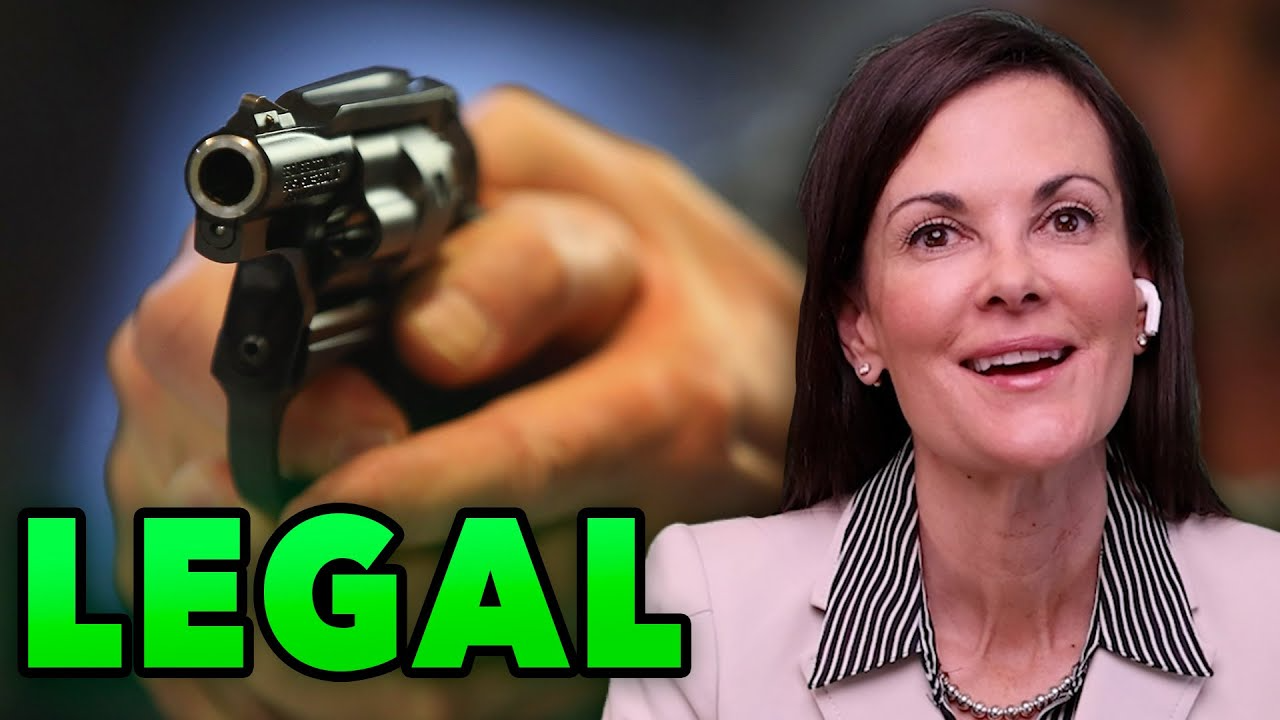 Close-up of a revolver pointed forward beside a smiling woman in professional attire with the word "LEGAL" in bold green letters.