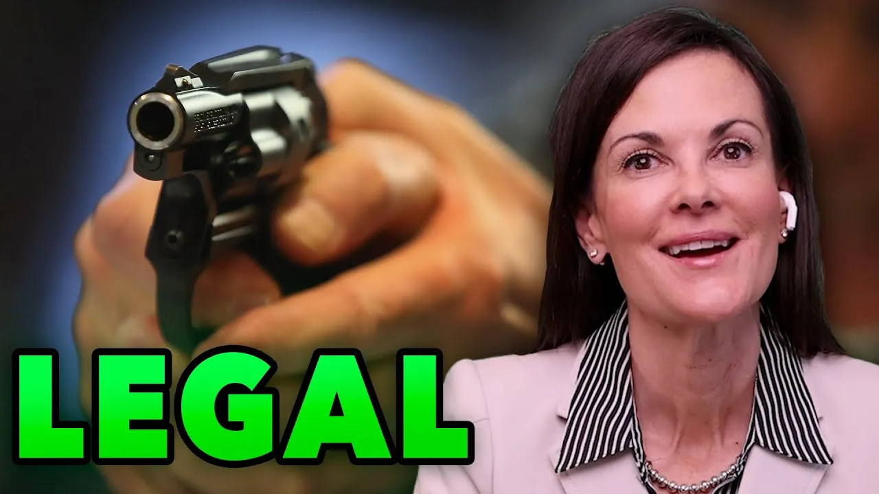 Close-up of a hand holding a black revolver with the word "LEGAL" in green text beside a smiling woman wearing a light blazer and striped shirt.