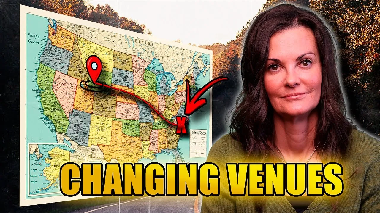 Map of the United States with marked route and woman beside large text "Changing Venues".