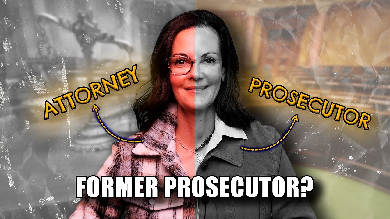Split image of a woman with left side labeled "Attorney" in color and right side labeled "Prosecutor" in black and white, with text "Former Prosecutor?" at the bottom.